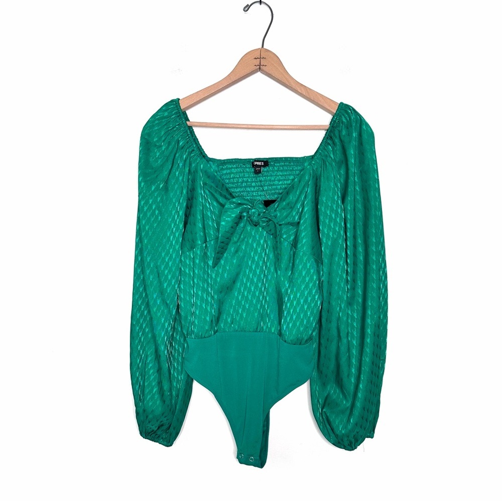 Express Green Satin Houndstooth Print Long Sleeve Bodysuit Size Large NWT